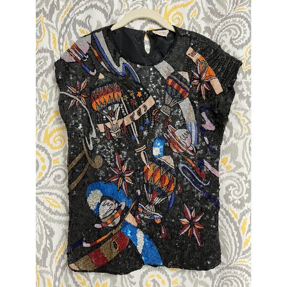 Giorgio Kauten Italian Designer McBling Vtg Sequin Blouse Stars Planets Balloons - Picture 11 of 11